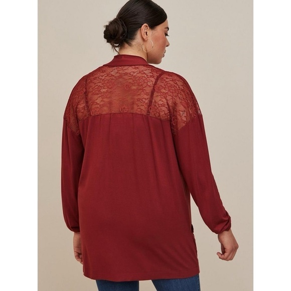 Torrid Super Soft Cardigan Lace Yoke Open Front - Brown - Picture 2 of 7